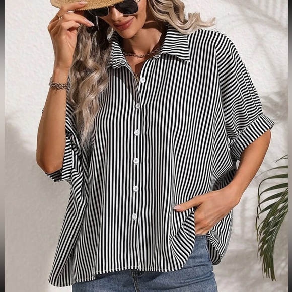 Classic Oversized Loose Fit Stripe Batwing Sleeve Button Down Shirt Top - Picture 4 of 14